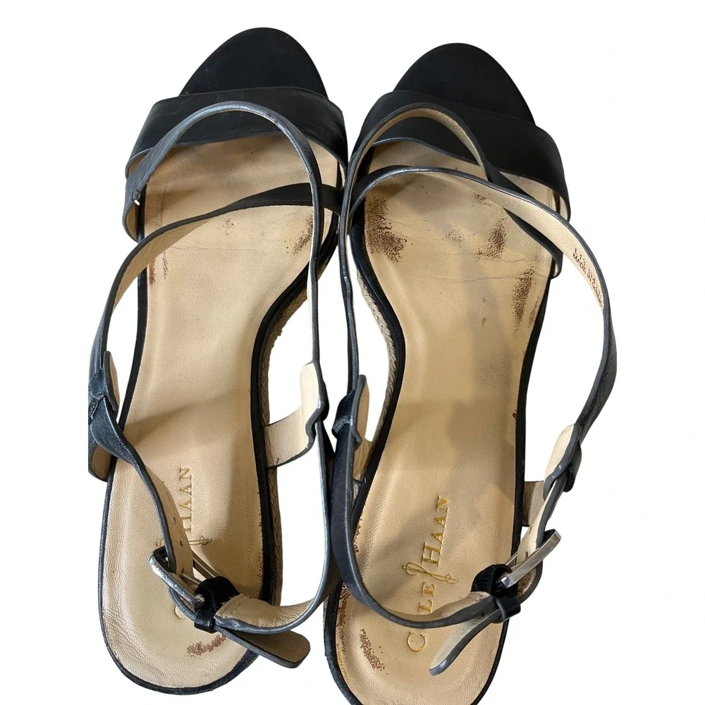 Cole Haan Grand 360 Espadrille Wedge Black Leather Sandals Strappy Summer Casual